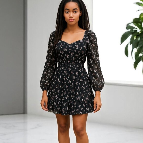 Black Ruffled Floral Short Dress - Picture 2 of 9